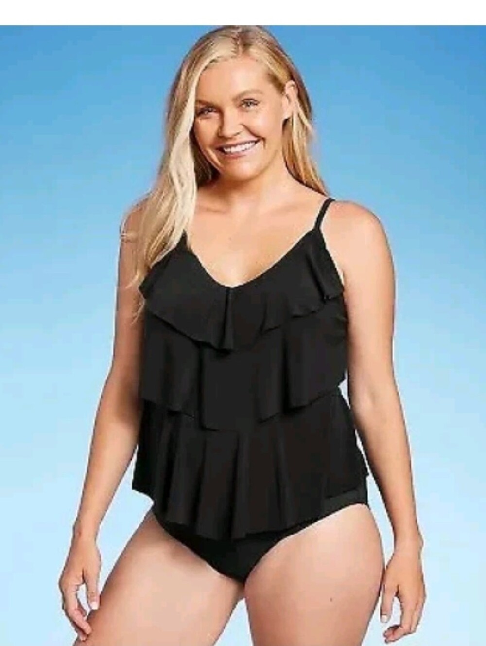 Aqua Green Women's Tiered Tankini Top  Black Size 2X
